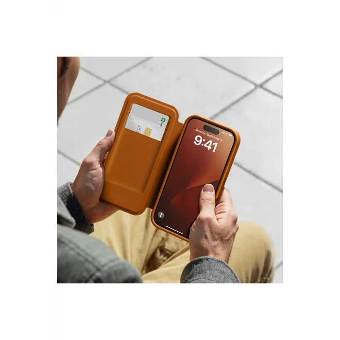 iPhone 17 Pro Max Uyumlu PU Kartlıklı Kapaklı Glamour Foilo Serisi Kılıf Turuncu