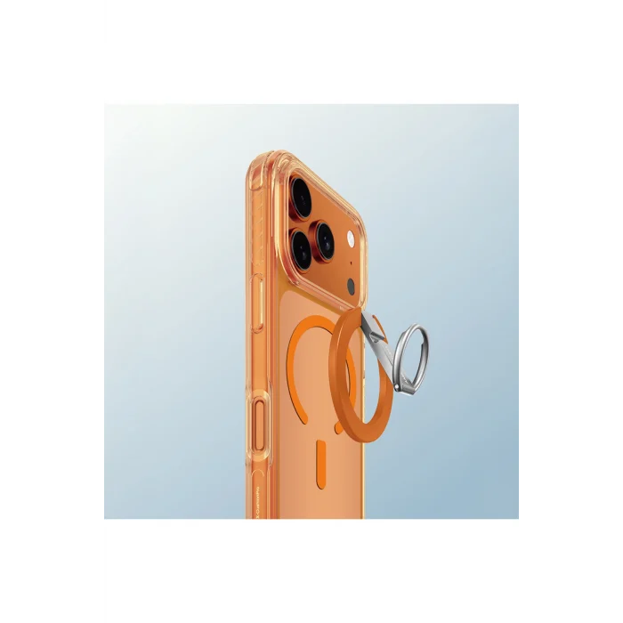 iPhone 17 Prouyumlu Kılıf M-safe Şarj Özellikli Yüzük Standlı Titan Pro Serisi Kapak Turuncu