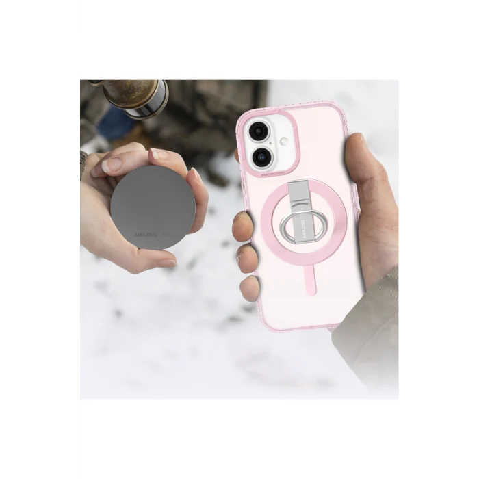 iPhone 16 Plus Kılıf Magsafe Şarj Özellikli Yüzük Standlı Amazingthing Titan Pro Serisi Kapak Pembe