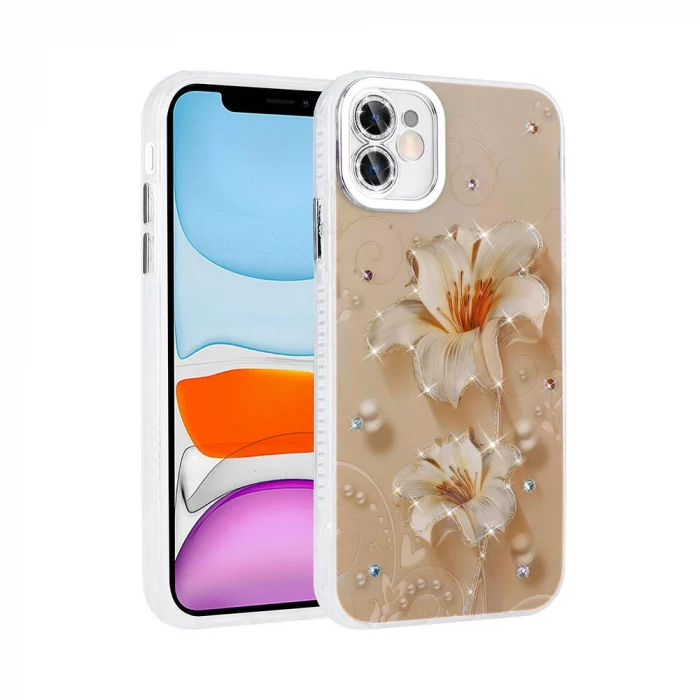 iPhone 11 Kılıf Çiçek Desenli Parlak Taşlı Sert Silikon Garden Kapak