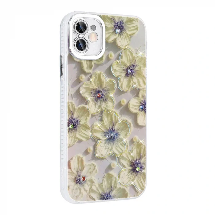 iPhone 11 Kılıf Çiçek Desenli Parlak Taşlı Sert Silikon Garden Kapak