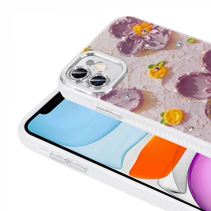 iPhone 11 Kılıf Çiçek Desenli Parlak Taşlı Sert Silikon Garden Kapak