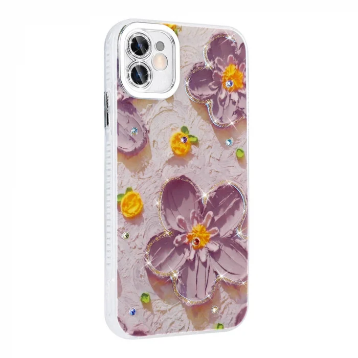 iPhone 11 Kılıf Çiçek Desenli Parlak Taşlı Sert Silikon Garden Kapak