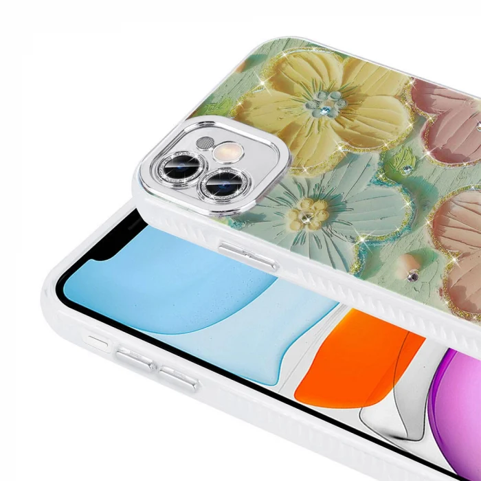 iPhone 11 Kılıf Çiçek Desenli Parlak Taşlı Sert Silikon Garden Kapak