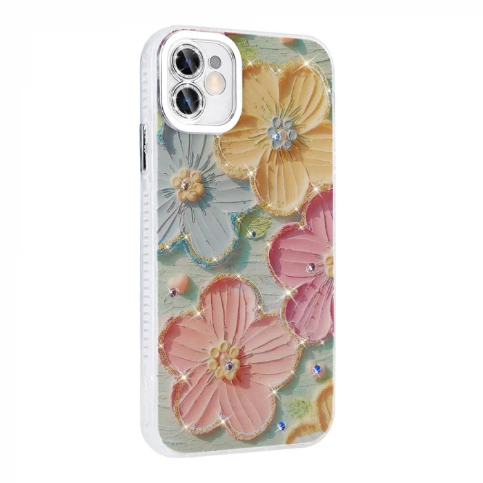 iPhone 11 Kılıf Çiçek Desenli Parlak Taşlı Sert Silikon Garden Kapak