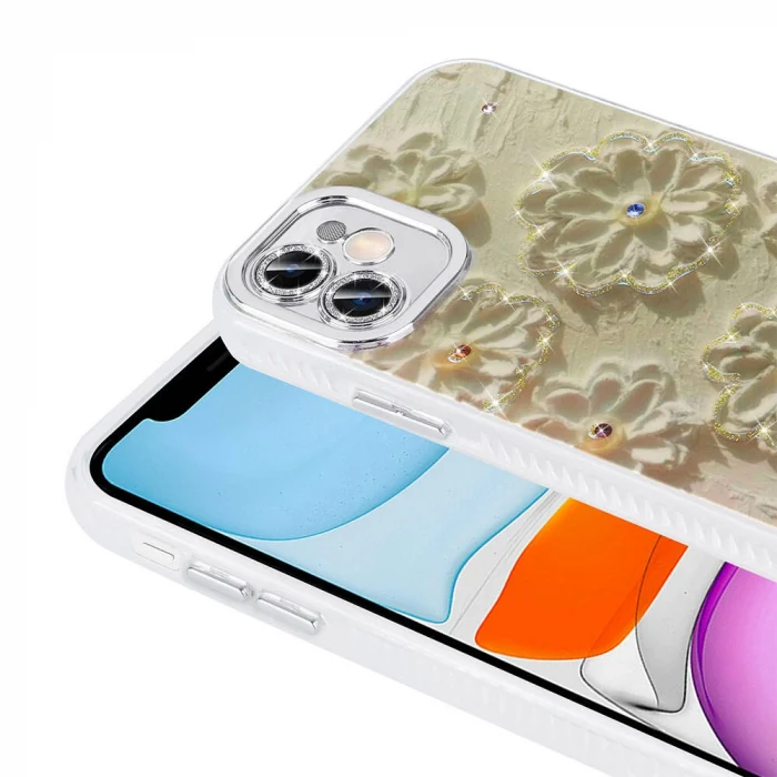 iPhone 11 Kılıf Çiçek Desenli Parlak Taşlı Sert Silikon Garden Kapak