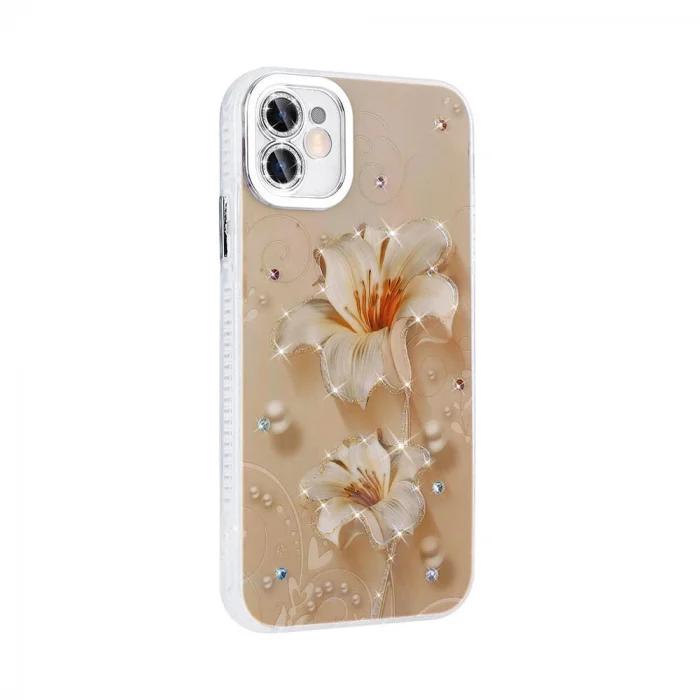 iPhone 11 Kılıf Çiçek Desenli Parlak Taşlı Sert Silikon Garden Kapak