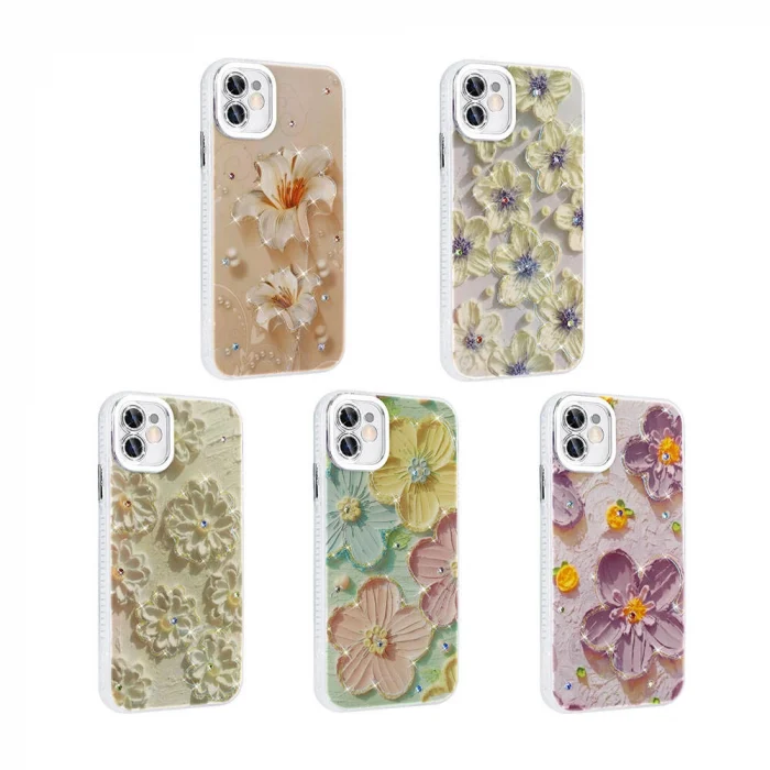 iPhone 11 Kılıf Çiçek Desenli Parlak Taşlı Sert Silikon Garden Kapak