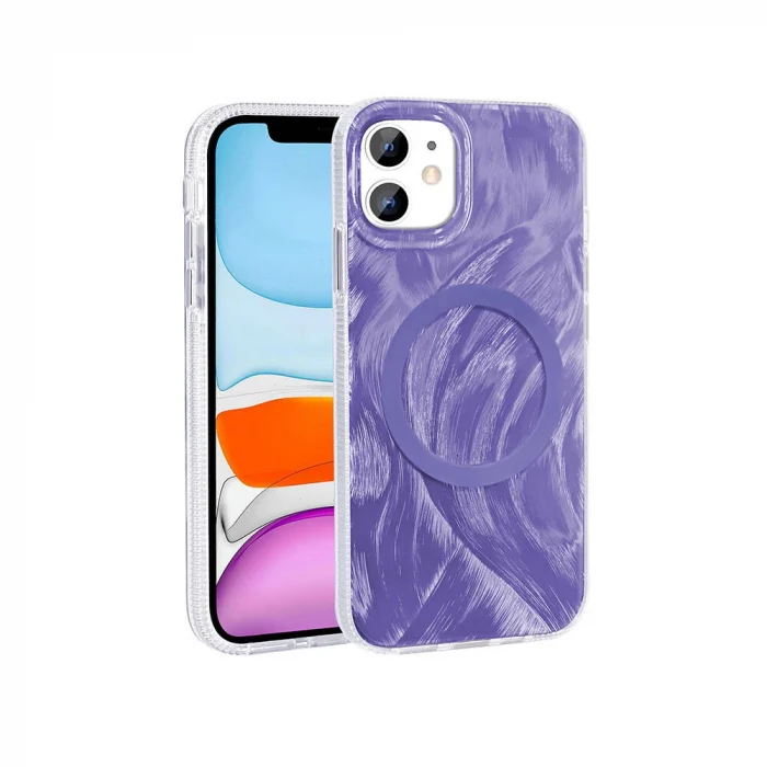 iPhone 11 Kılıf M-safe Şarj Özellikli Fırça Boya Desenli Palet Kapak