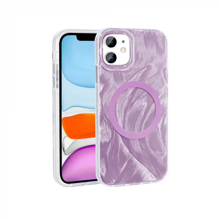 iPhone 11 Kılıf M-safe Şarj Özellikli Fırça Boya Desenli Palet Kapak