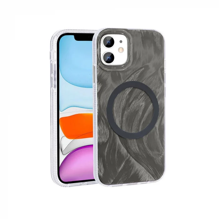 iPhone 11 Kılıf M-safe Şarj Özellikli Fırça Boya Desenli Palet Kapak