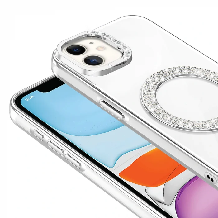 iPhone 11 Kılıf Pırlanta Taş Tasarımlı M-safe Şarj Özellikli Karetta Silikon Kapak