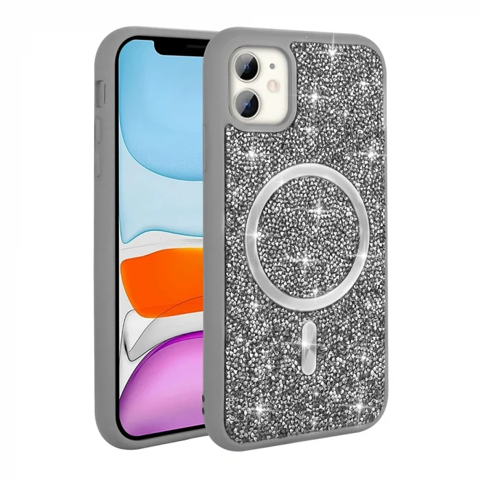iPhone 11 Kılıf Pırlanta Tasarımlı M-safe Şarj Özellikli Mozaik Silikon Kapak