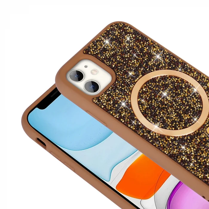 iPhone 11 Kılıf Pırlanta Tasarımlı M-safe Şarj Özellikli Mozaik Silikon Kapak