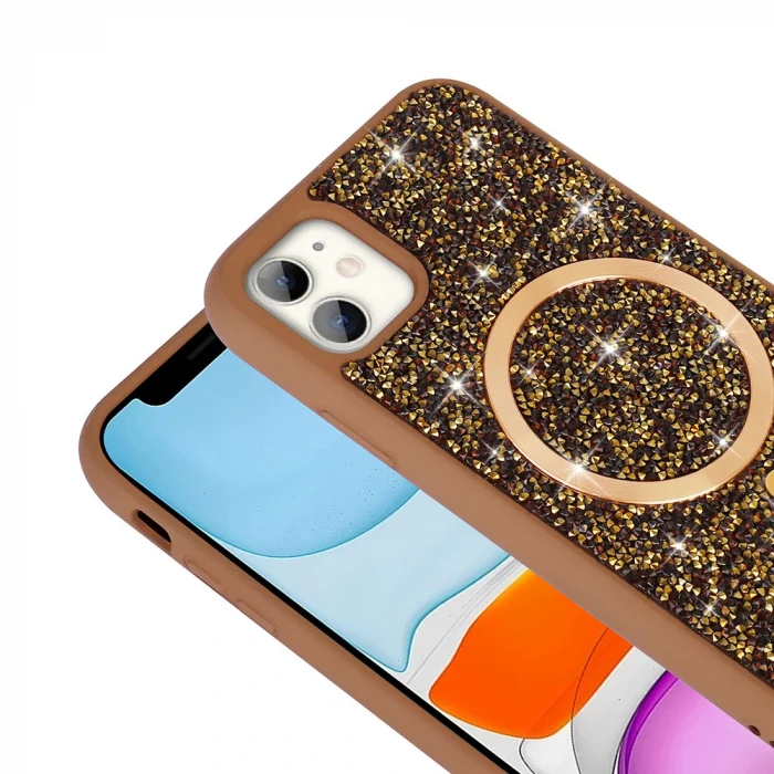iPhone 11 Kılıf Pırlanta Tasarımlı M-safe Şarj Özellikli Mozaik Silikon Kapak