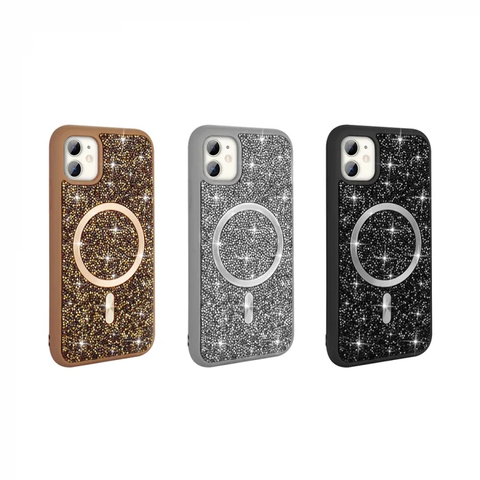 iPhone 11 Kılıf Pırlanta Tasarımlı M-safe Şarj Özellikli Mozaik Silikon Kapak