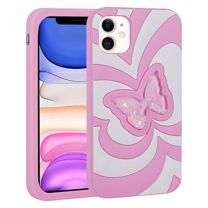 iPhone 11 Kılıf Sıvılı Simli Kelebekli Tasarım Vodena Kapak