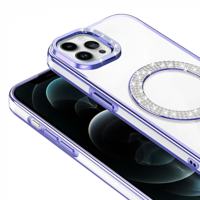 iPhone 12 Pro Kılıf Pırlanta Taş Tasarımlı M-safe Şarj Özellikli Karetta Silikon Kapak