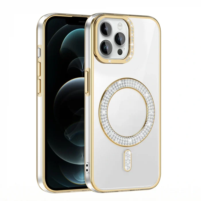 iPhone 12 Pro Kılıf Pırlanta Taş Tasarımlı M-safe Şarj Özellikli Karetta Silikon Kapak