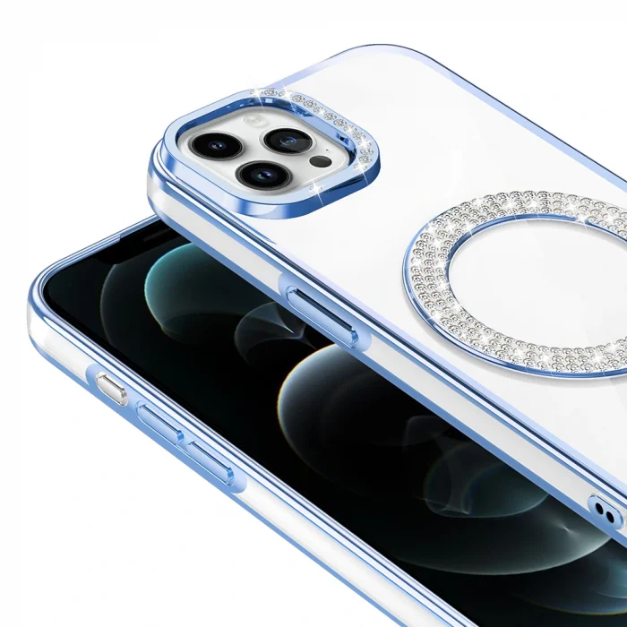 iPhone 12 Pro Kılıf Pırlanta Taş Tasarımlı M-safe Şarj Özellikli Karetta Silikon Kapak