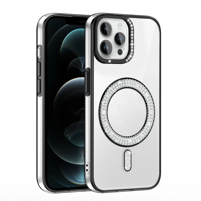 iPhone 12 Pro Kılıf Pırlanta Taş Tasarımlı M-safe Şarj Özellikli Karetta Silikon Kapak