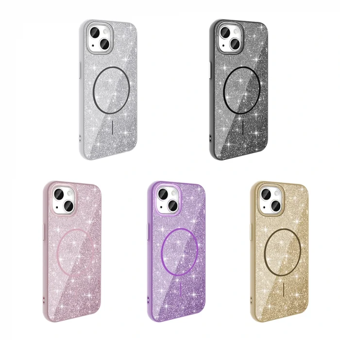 iPhone 13 Kılıf M-safe Şarj Özellikli Parlayan Simli Okso Kapak