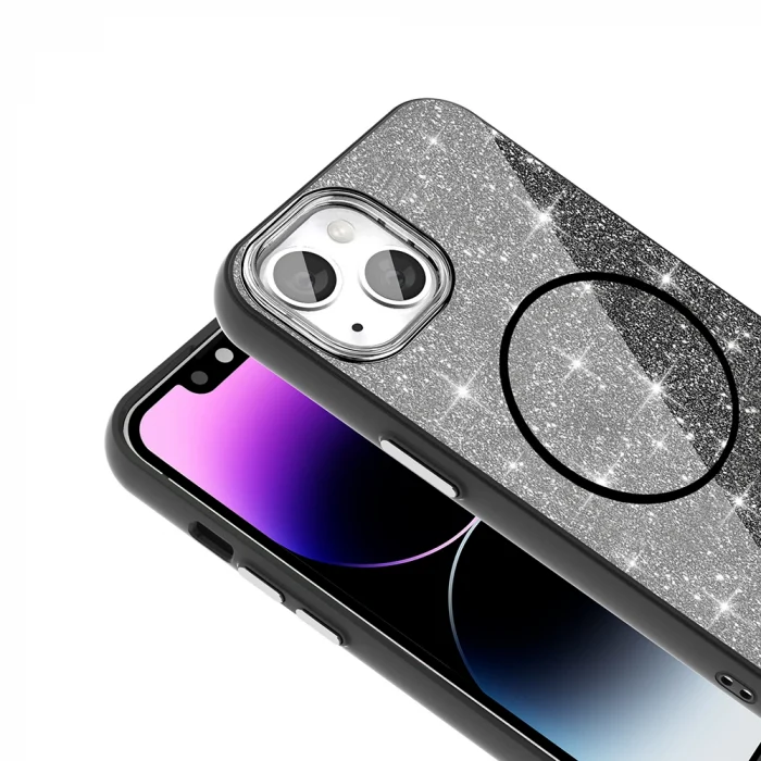 iPhone 13 Kılıf M-safe Şarj Özellikli Parlayan Simli Okso Kapak