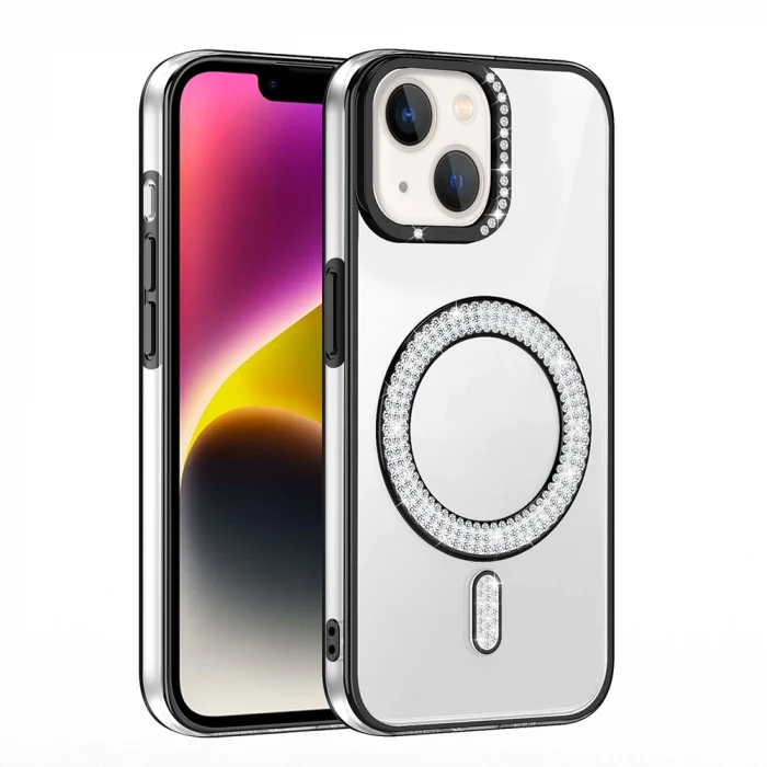 iPhone 13 Kılıf Pırlanta Taş Tasarımlı M-safe Şarj Özellikli Karetta Silikon Kapak