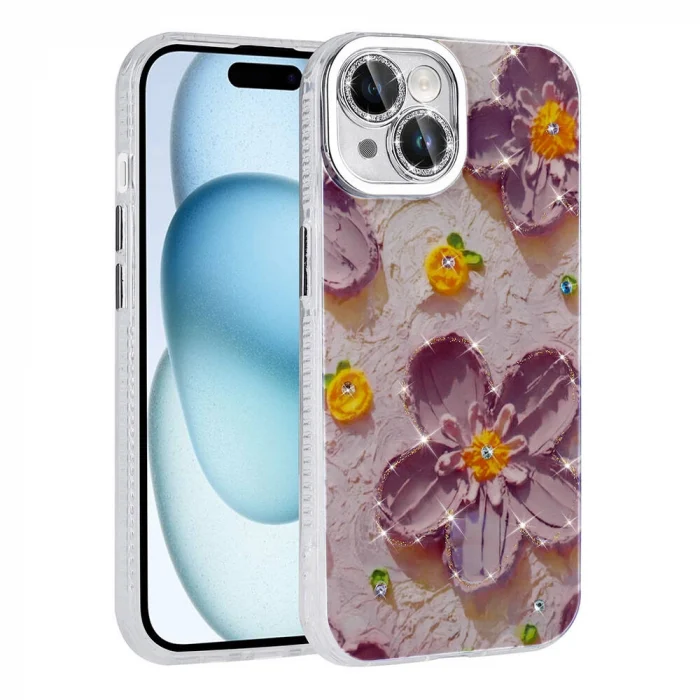 iPhone 14 Kılıf Çiçek Desenli Parlak Taşlı Sert Silikon Garden Kapak