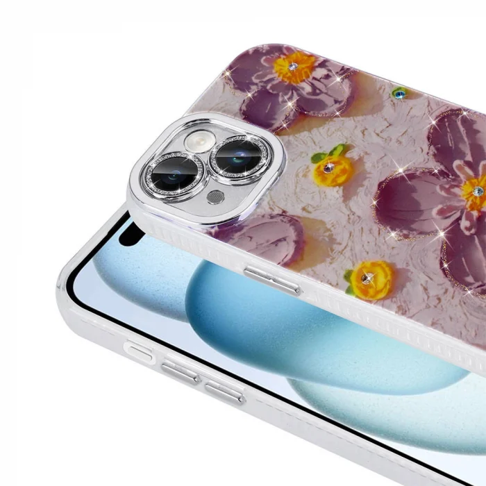 iPhone 14 Kılıf Çiçek Desenli Parlak Taşlı Sert Silikon Garden Kapak