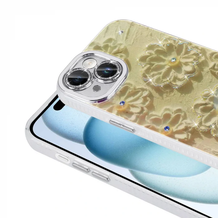 iPhone 14 Kılıf Çiçek Desenli Parlak Taşlı Sert Silikon Garden Kapak