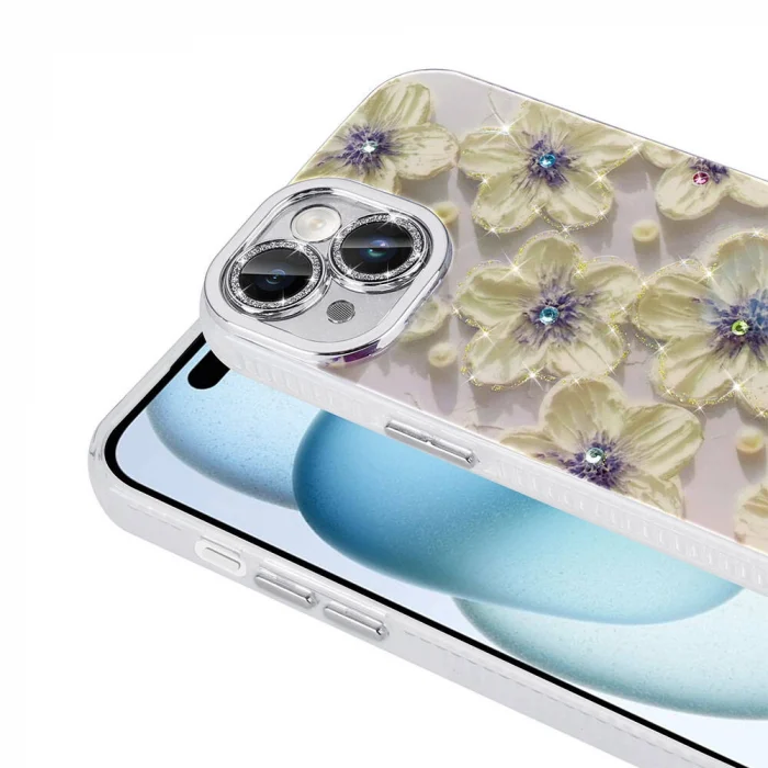iPhone 14 Kılıf Çiçek Desenli Parlak Taşlı Sert Silikon Garden Kapak