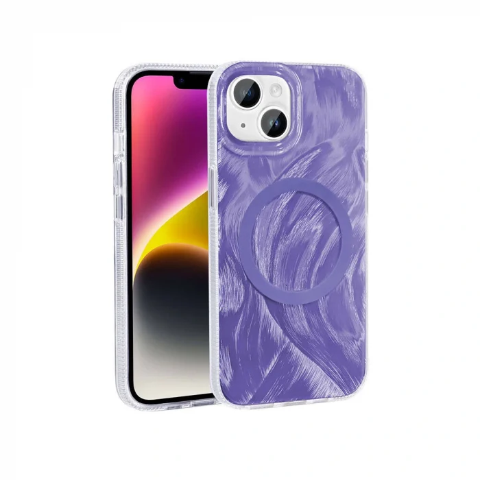 iPhone 14 Kılıf M-safe Şarj Özellikli Fırça Boya Desenli Palet Kapak