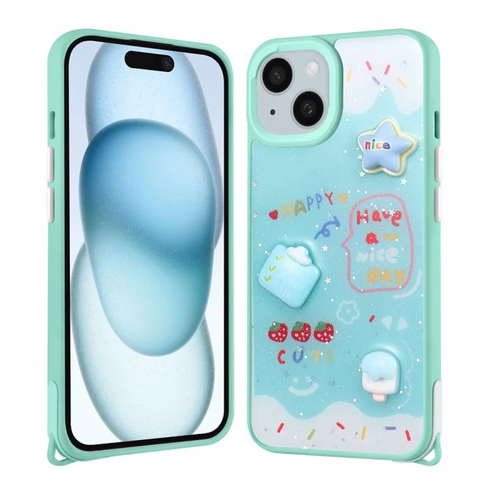 iPhone 14 Kılıf Parlayan Simli Kabartma Figürlü Cevze Kapak