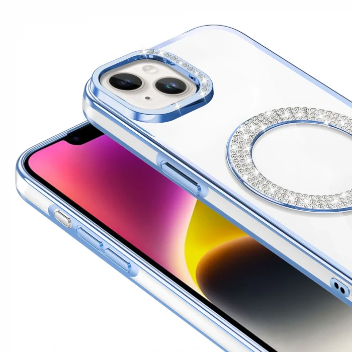 iPhone 14 Kılıf Pırlanta Taş Tasarımlı M-safe Şarj Özellikli Karetta Silikon Kapak