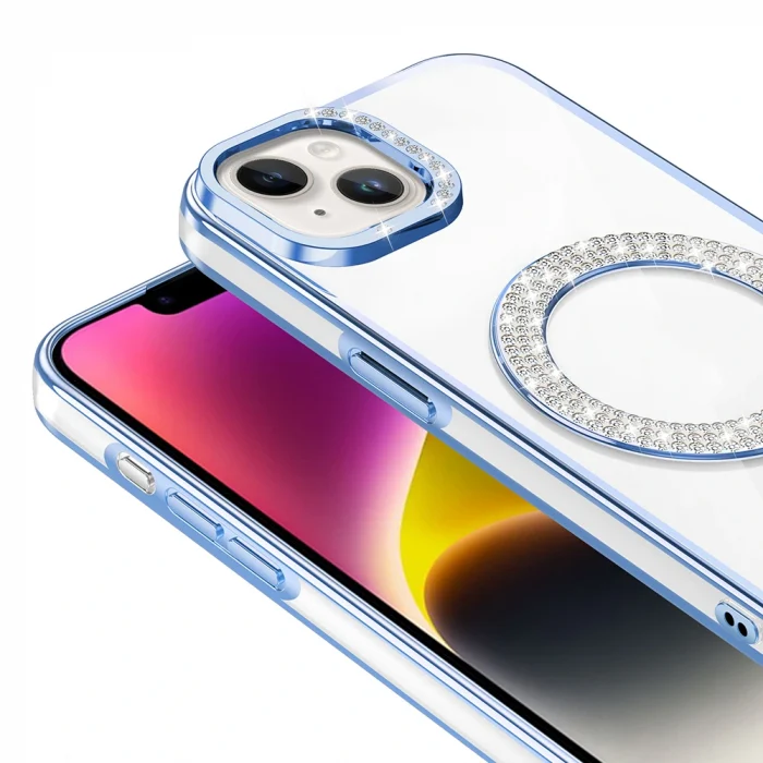 iPhone 14 Kılıf Pırlanta Taş Tasarımlı M-safe Şarj Özellikli Karetta Silikon Kapak
