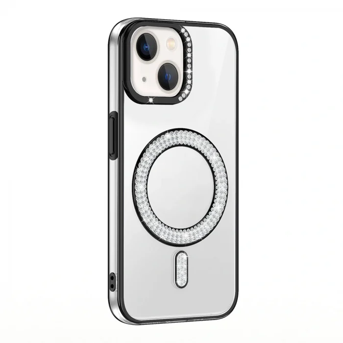 iPhone 14 Kılıf Pırlanta Taş Tasarımlı M-safe Şarj Özellikli Karetta Silikon Kapak