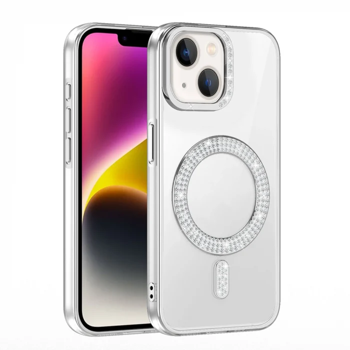 iPhone 14 Kılıf Pırlanta Taş Tasarımlı M-safe Şarj Özellikli Karetta Silikon Kapak