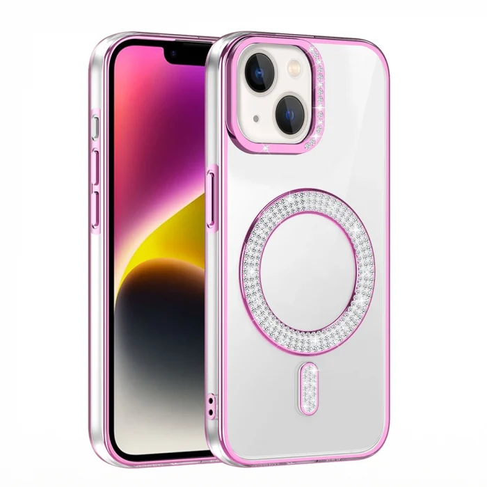 iPhone 14 Kılıf Pırlanta Taş Tasarımlı M-safe Şarj Özellikli Karetta Silikon Kapak