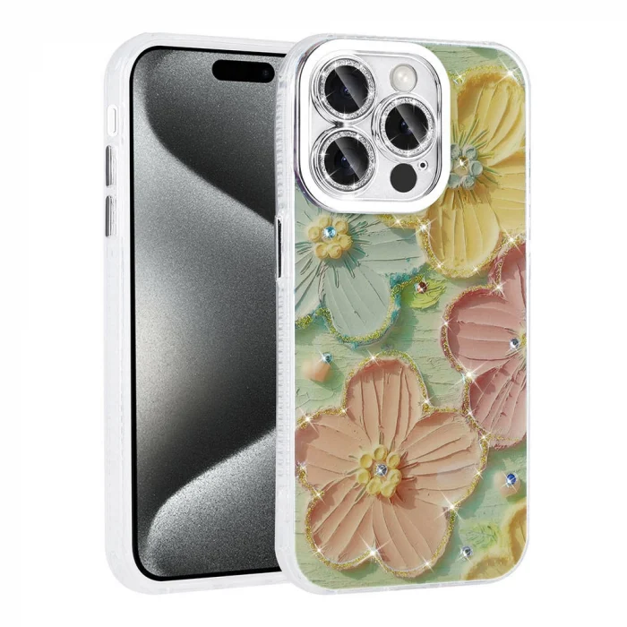 iPhone 14 Pro Max Kılıf Çiçek Desenli Parlak Taşlı Sert Silikon Garden Kapak