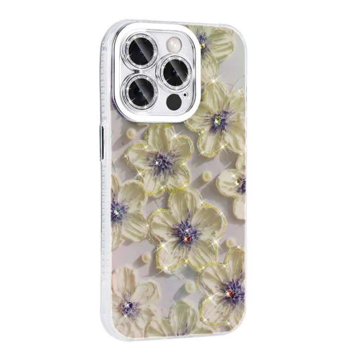 iPhone 14 Pro Max Kılıf Çiçek Desenli Parlak Taşlı Sert Silikon Garden Kapak