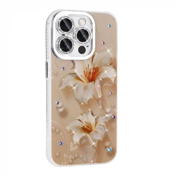 iPhone 14 Pro Max Kılıf Çiçek Desenli Parlak Taşlı Sert Silikon Garden Kapak