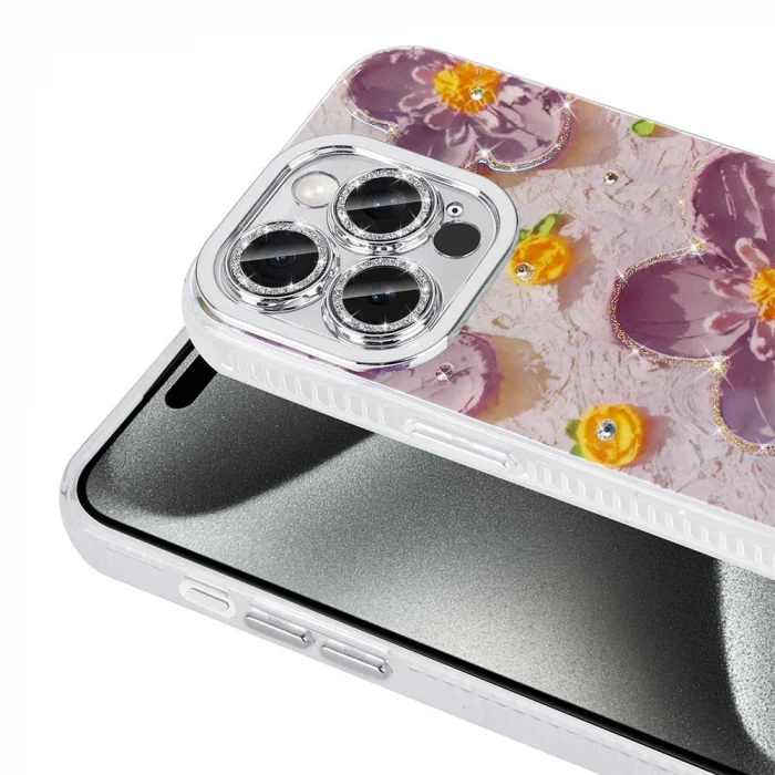 iPhone 14 Pro Max Kılıf Çiçek Desenli Parlak Taşlı Sert Silikon Garden Kapak
