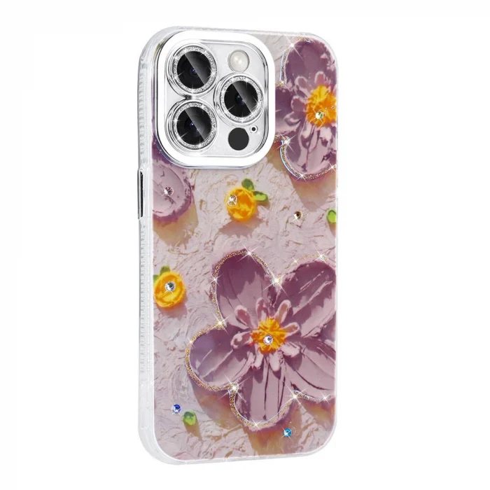 iPhone 14 Pro Max Kılıf Çiçek Desenli Parlak Taşlı Sert Silikon Garden Kapak