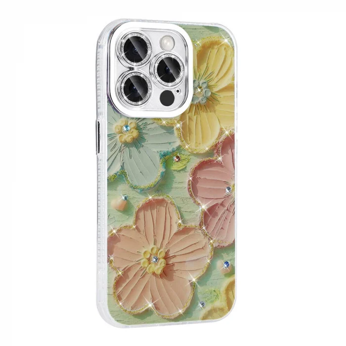 iPhone 14 Pro Max Kılıf Çiçek Desenli Parlak Taşlı Sert Silikon Garden Kapak