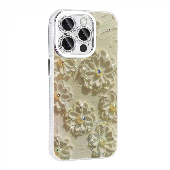 iPhone 14 Pro Max Kılıf Çiçek Desenli Parlak Taşlı Sert Silikon Garden Kapak