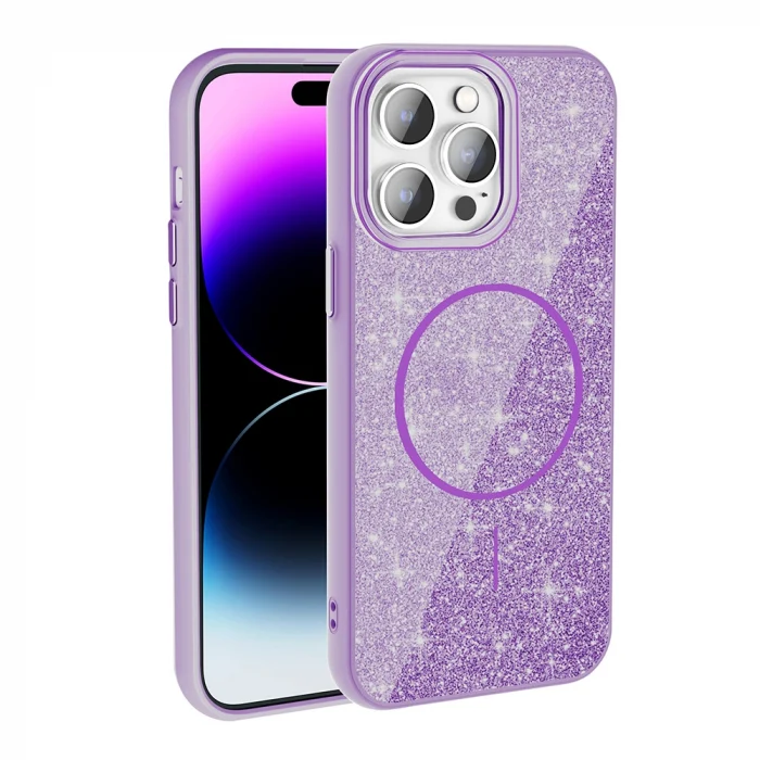 iPhone 14 Pro Max Kılıf M-safe Şarj Özellikli Parlayan Simli Okso Kapak