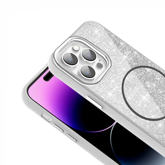 iPhone 14 Pro Max Kılıf M-safe Şarj Özellikli Parlayan Simli Okso Kapak