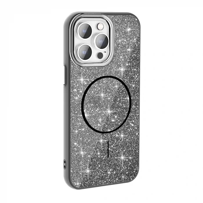 iPhone 14 Pro Max Kılıf M-safe Şarj Özellikli Parlayan Simli Okso Kapak