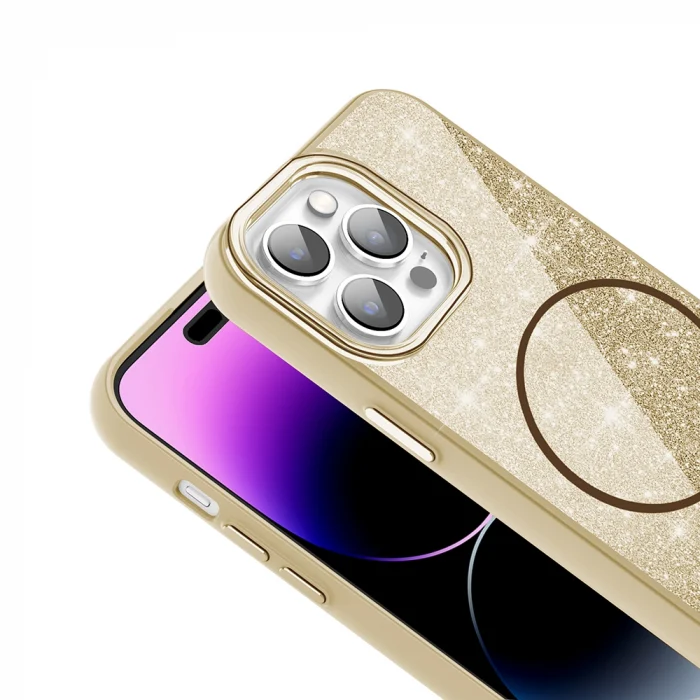 iPhone 14 Pro Max Kılıf M-safe Şarj Özellikli Parlayan Simli Okso Kapak